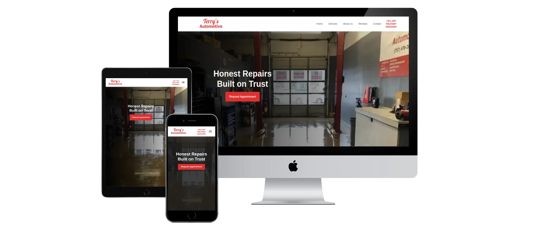 Terry's Automotive mockup showing desktop, tablet, and mobile views